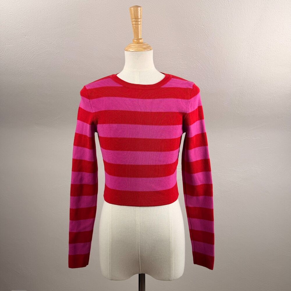 Zara Red and Pink striped long-sleeve crop sweater Small